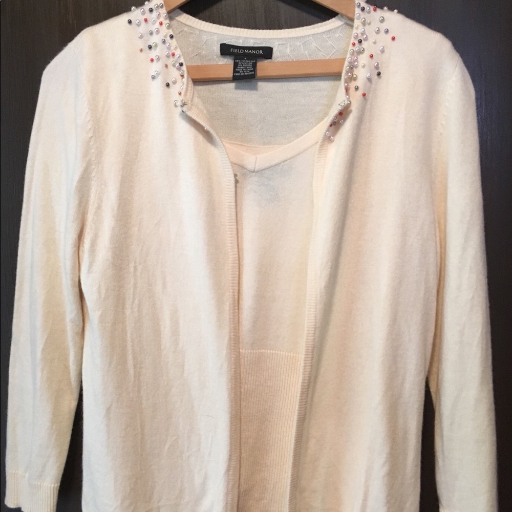 Handbeaded silk blend cream sweater set.